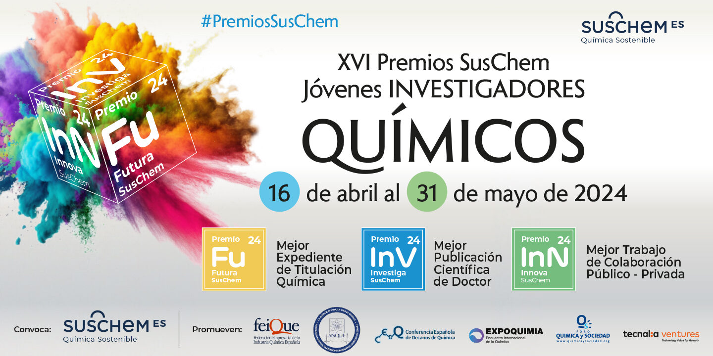 GENERAL RRSS Premios Suschem 2024 SusChem España convoca la XVI Edición de sus Premios para reconocer el talento y el trabajo de los jóvenes investigadores químicos en España